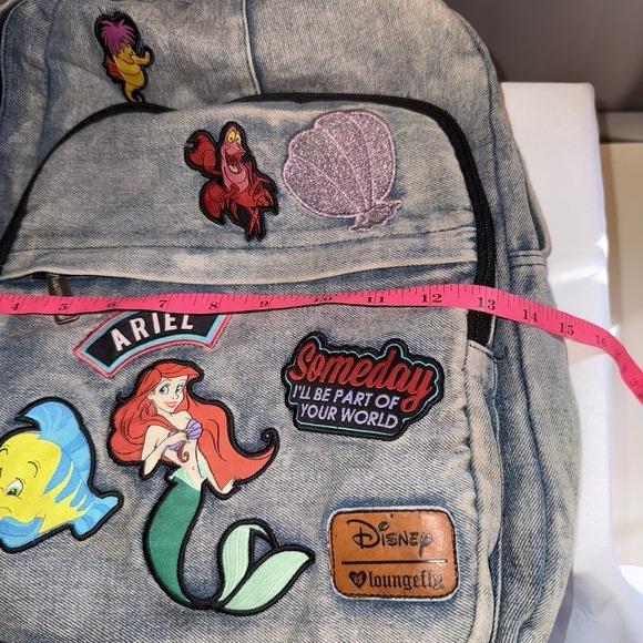 Disney Loungefly Ariel Little Mermaid Flounder Blue Denim Backpack With Patches
